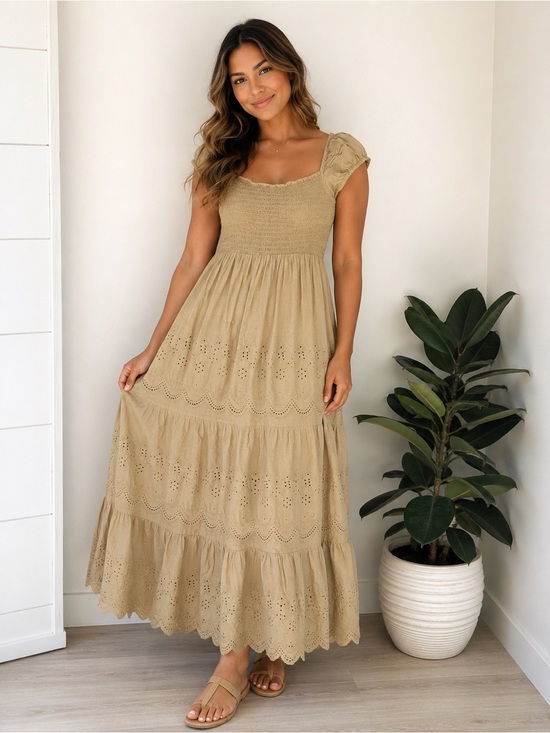 Area Stars Dresses & Skirts - AREA Stars 100% Cotton Smocked Eyelet Maxi Dress Boho Cottagecore Size L